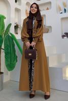 Tesettür giyim TABA LEOPAR DESEN DETAYLI KUŞAKLI BALON KOL FERACE T 2857