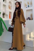 Tesettür giyim TABA LEOPAR DESEN DETAYLI KUŞAKLI BALON KOL FERACE T 2857