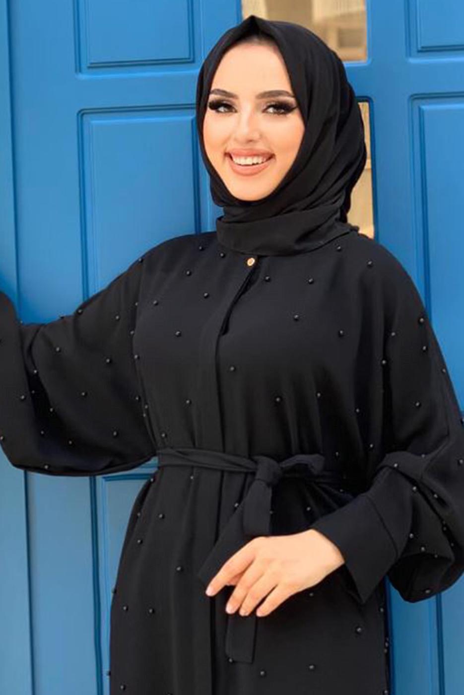 Tesettür giyim SİYAH İNCİ DETAYLI KUŞAKLI FERACE T 5967