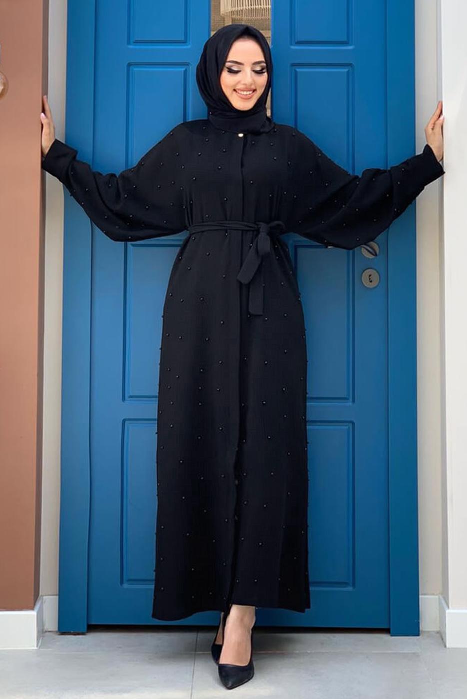 Tesettür giyim SİYAH İNCİ DETAYLI KUŞAKLI FERACE T 5967