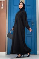 Tesettür giyim SİYAH İNCİ DETAYLI KUŞAKLI FERACE T 5967