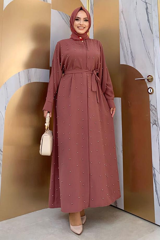Tesettür giyim PEMBE İNCİ DETAYLI KUŞAKLI FERACE T 5967 - TRENDTESETTÜR