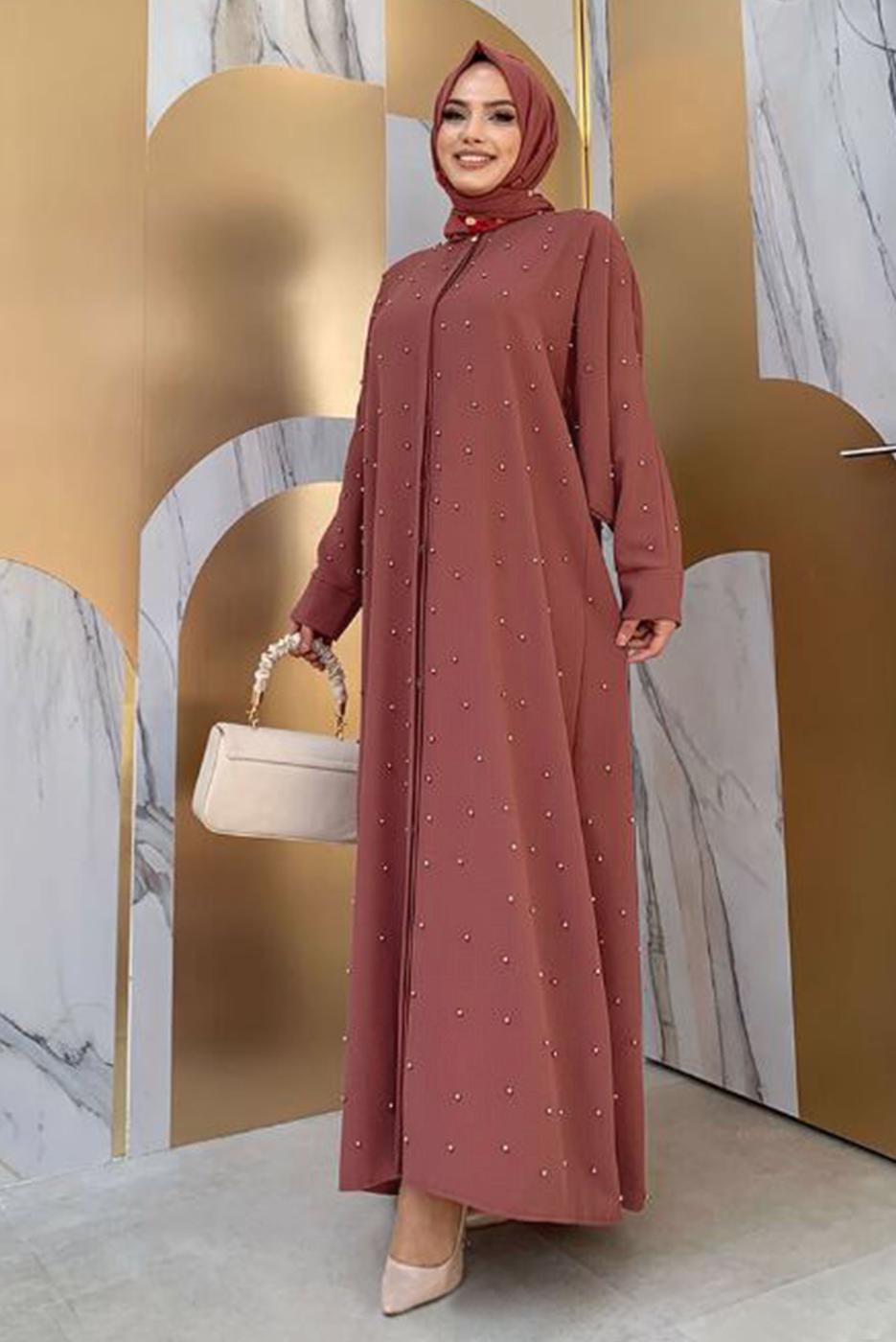 Tesettür giyim PEMBE İNCİ DETAYLI KUŞAKLI FERACE T 5967