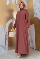 Tesettür giyim PEMBE İNCİ DETAYLI KUŞAKLI FERACE T 5967