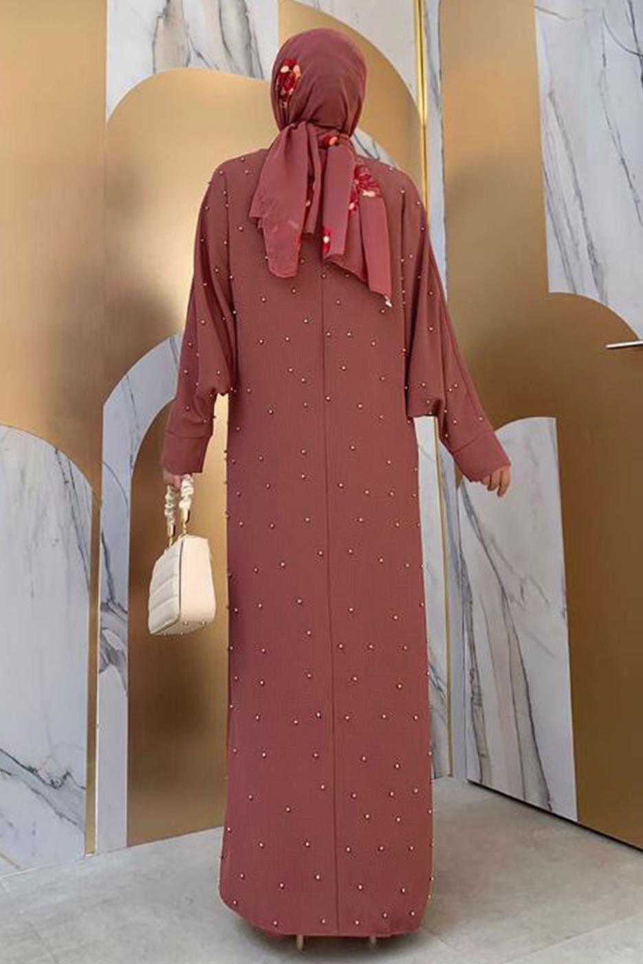 Tesettür giyim PEMBE İNCİ DETAYLI KUŞAKLI FERACE T 5967