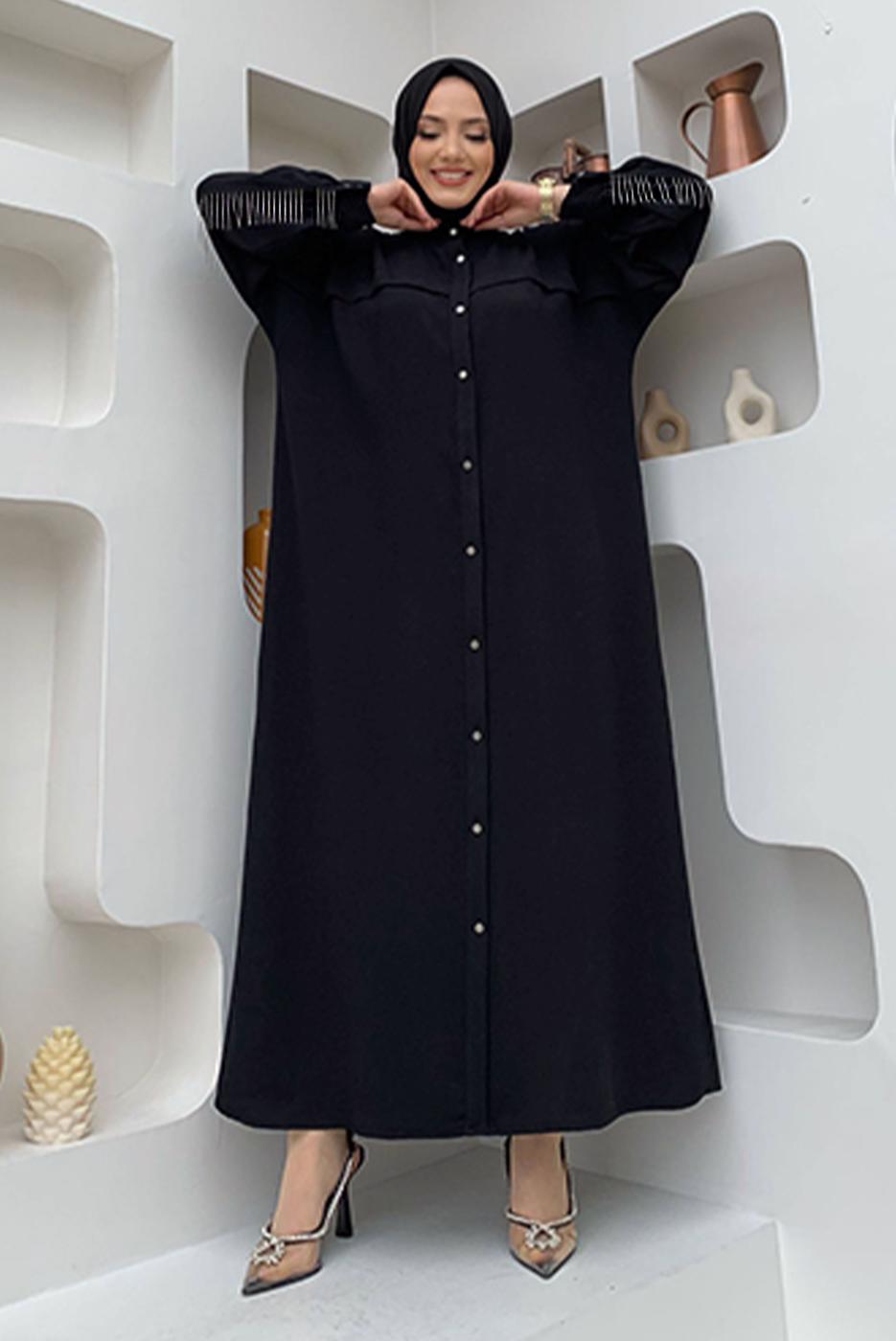 Tesettür giyim SİYAH ZİNCİR PÜSKÜL DETAYLI YARASA KOL FERACE T 2287