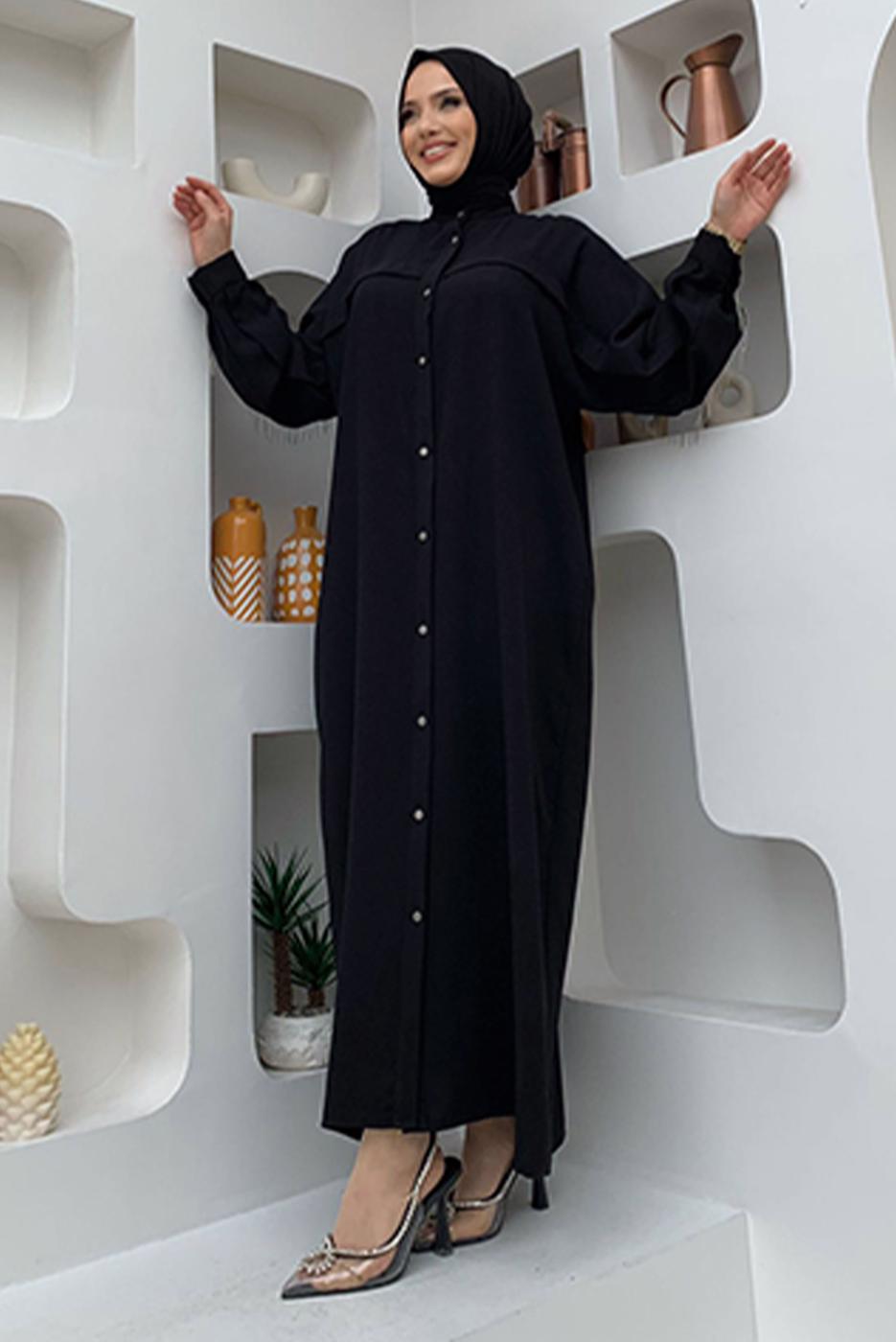 Tesettür giyim SİYAH ZİNCİR PÜSKÜL DETAYLI YARASA KOL FERACE T 2287