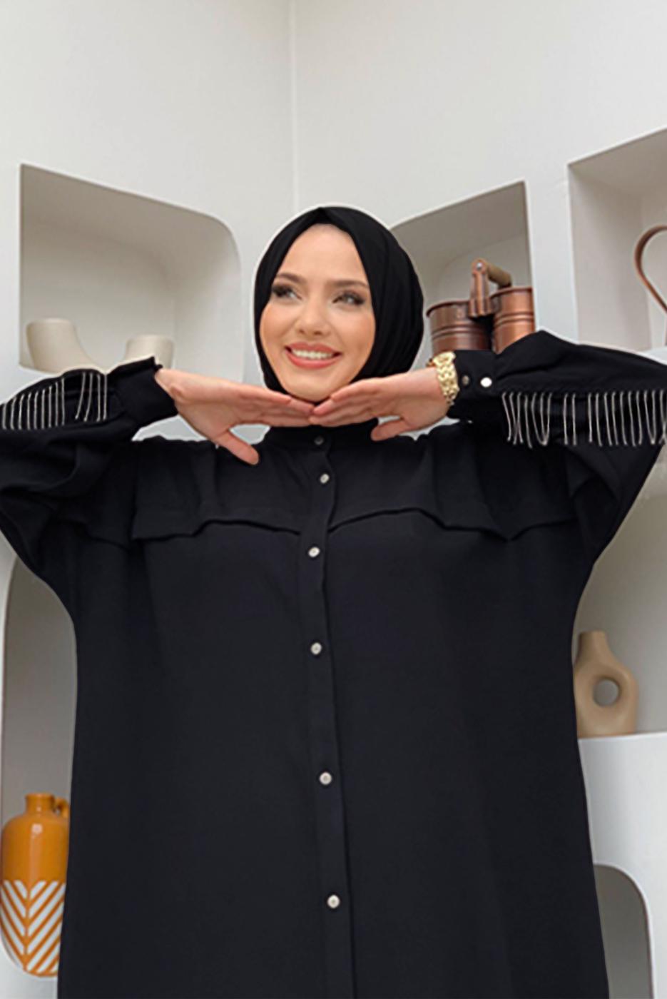 Tesettür giyim SİYAH ZİNCİR PÜSKÜL DETAYLI YARASA KOL FERACE T 2287