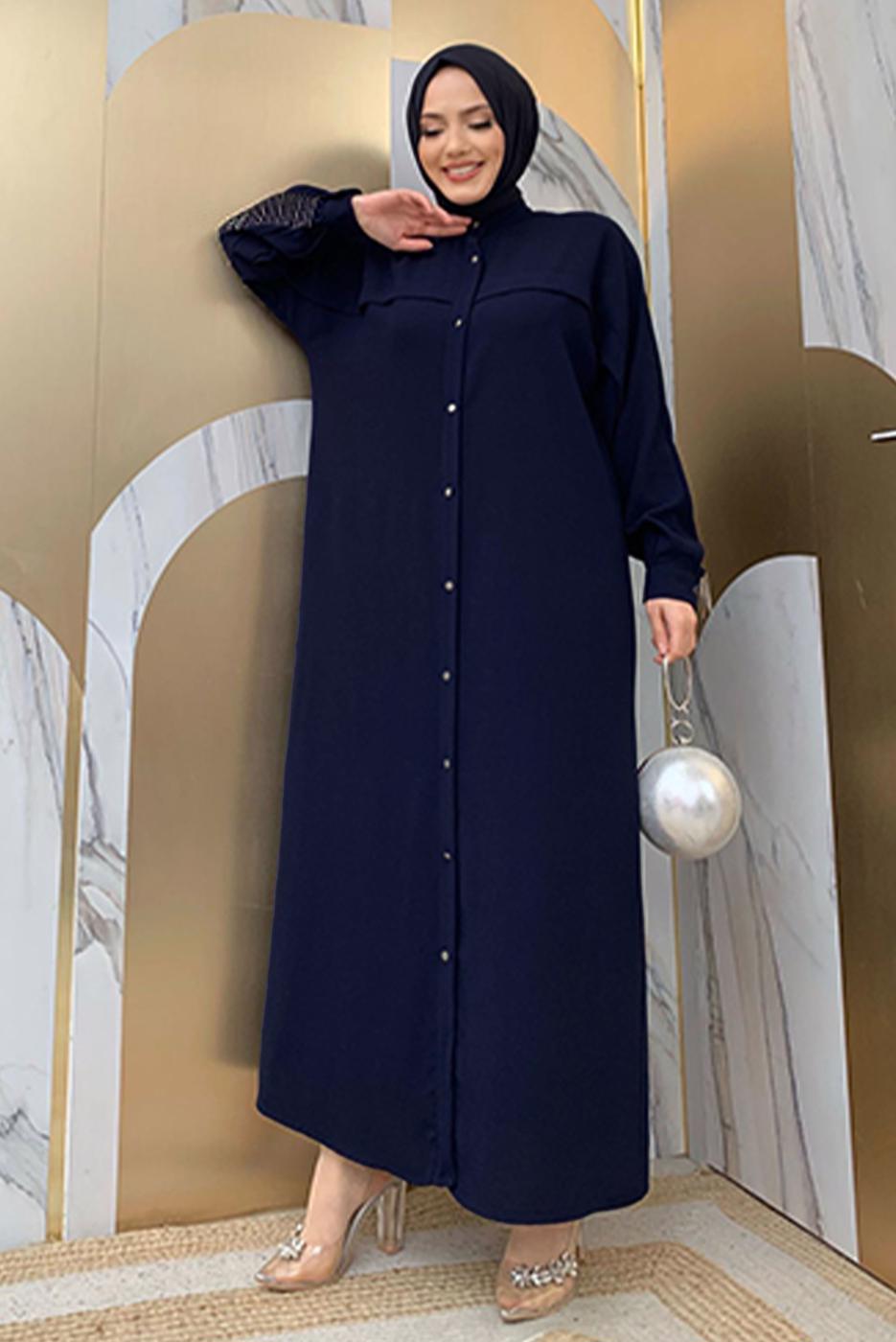 Tesettür giyim LACİVERT ZİNCİR PÜSKÜL DETAYLI YARASA KOL FERACE T 2287