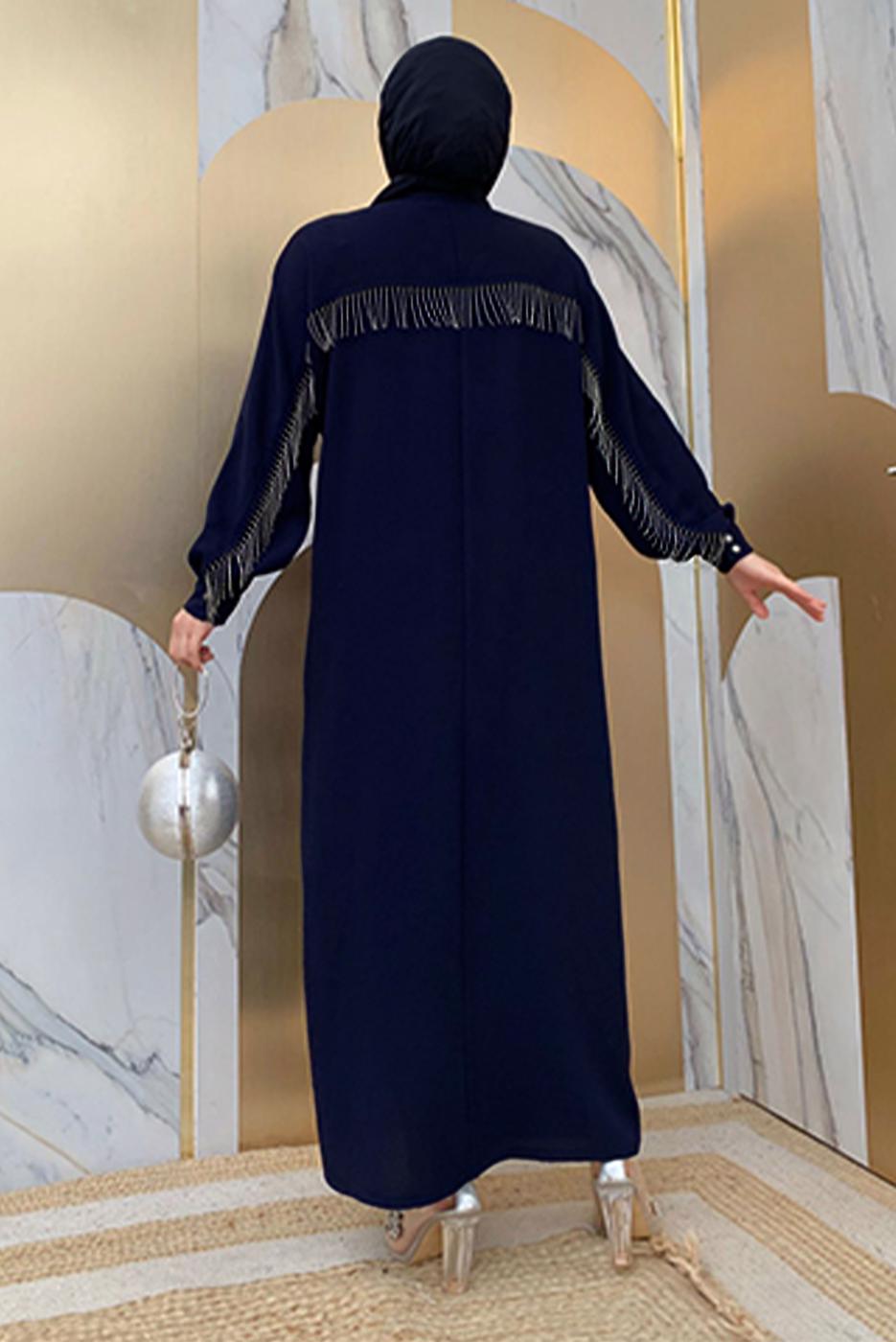 Tesettür giyim LACİVERT ZİNCİR PÜSKÜL DETAYLI YARASA KOL FERACE T 2287