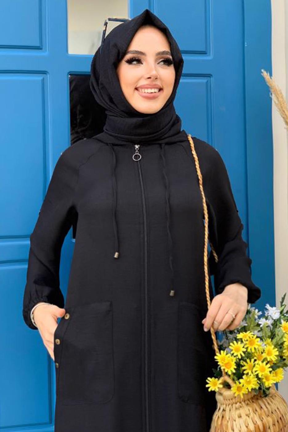 Vêtements hijab NOIR PARDESSUS AVEC POCHE DÉTAIL BOUTONS ÉPAULES T 4087