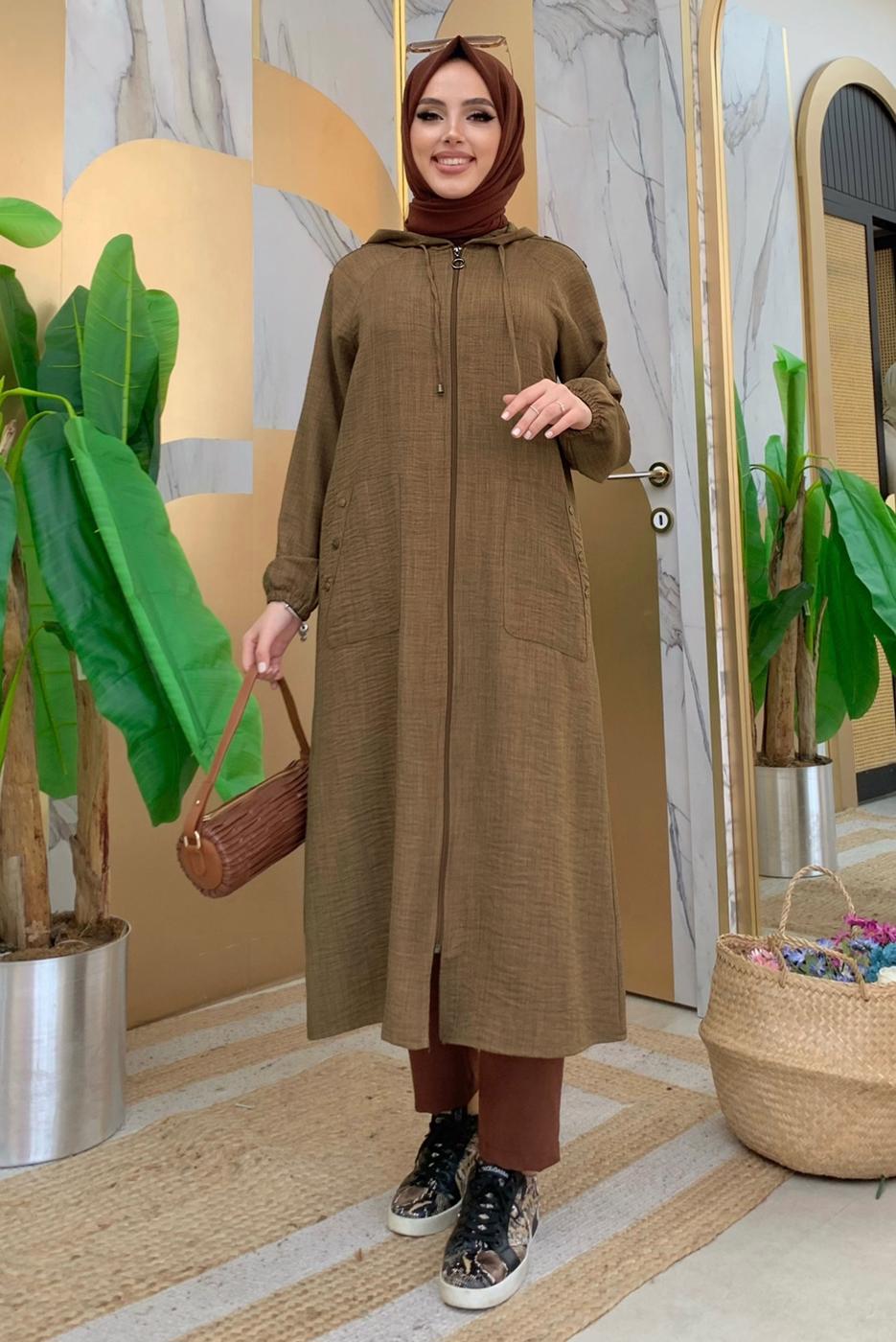 Vêtements hijab BRUN PARDESSUS AVEC POCHE DÉTAIL BOUTONS ÉPAULES T 4087