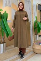 Vêtements hijab BRUN PARDESSUS AVEC POCHE DÉTAIL BOUTONS ÉPAULES T 4087
