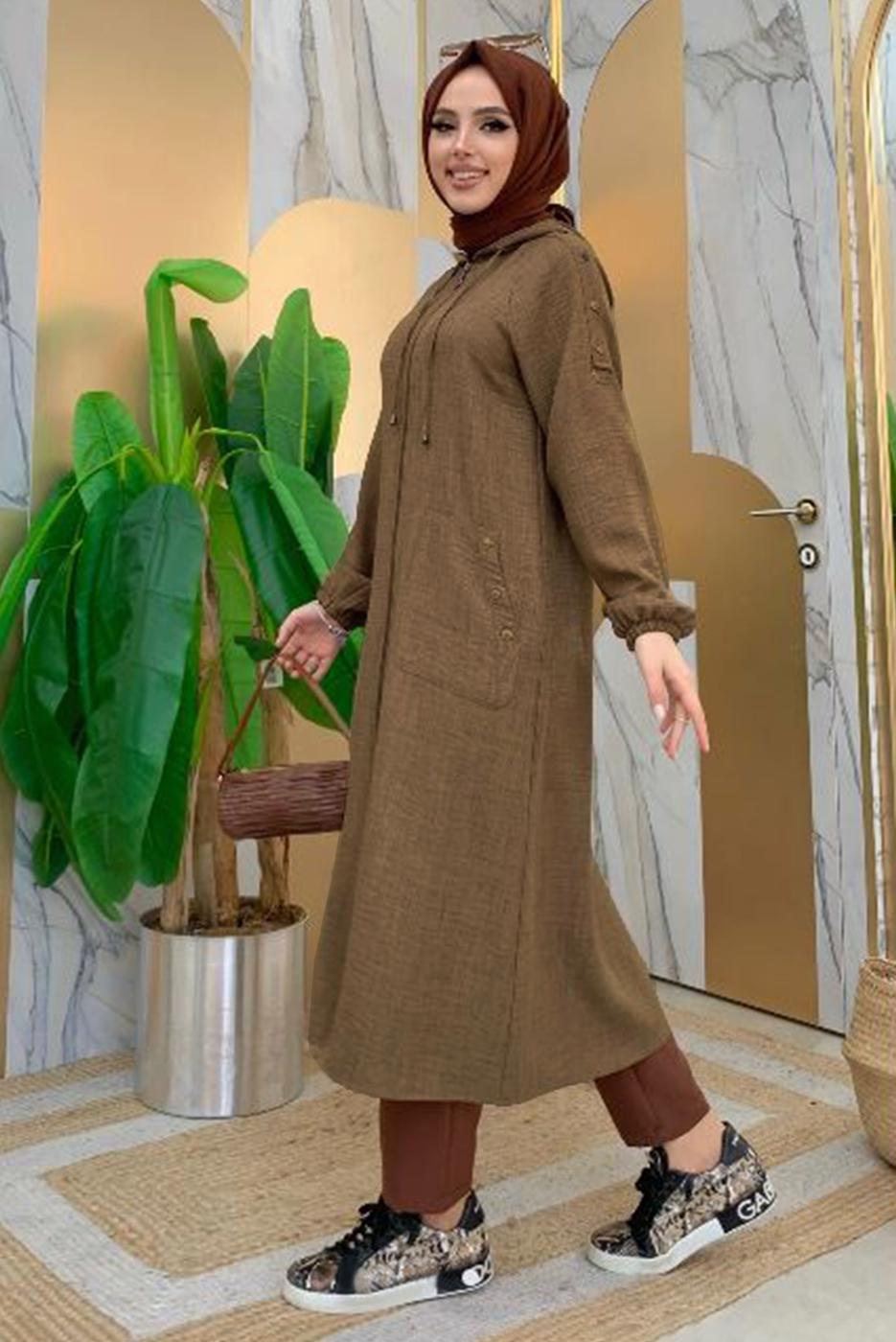 Vêtements hijab BRUN PARDESSUS AVEC POCHE DÉTAIL BOUTONS ÉPAULES T 4087