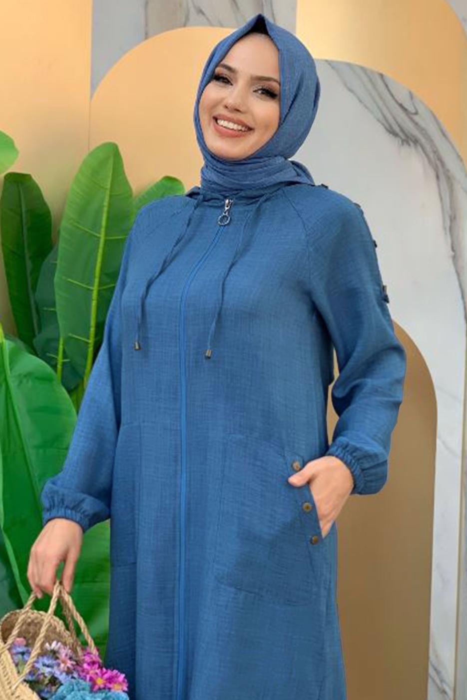 Vêtements hijab BLEU MARINE PARDESSUS AVEC POCHE DÉTAIL BOUTONS ÉPAULES T 4087
