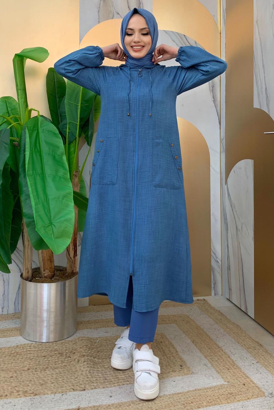 Vêtements hijab BLEU MARINE PARDESSUS AVEC POCHE DÉTAIL BOUTONS ÉPAULES T 4087