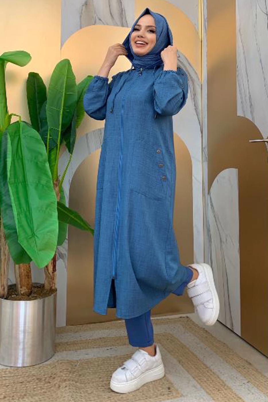 Vêtements hijab BLEU MARINE PARDESSUS AVEC POCHE DÉTAIL BOUTONS ÉPAULES T 4087