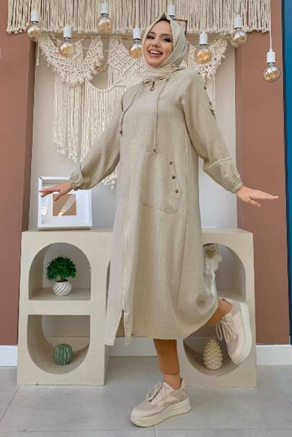 Vêtements hijab BEIGE PARDESSUS AVEC POCHE DÉTAIL BOUTONS ÉPAULES T 4087