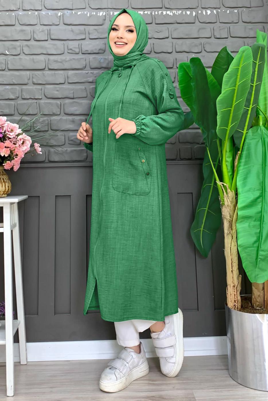 Tesettür giyim YEŞİL OMUZLARI DÜĞME DETAYLI CEPLİ KAP T 4087