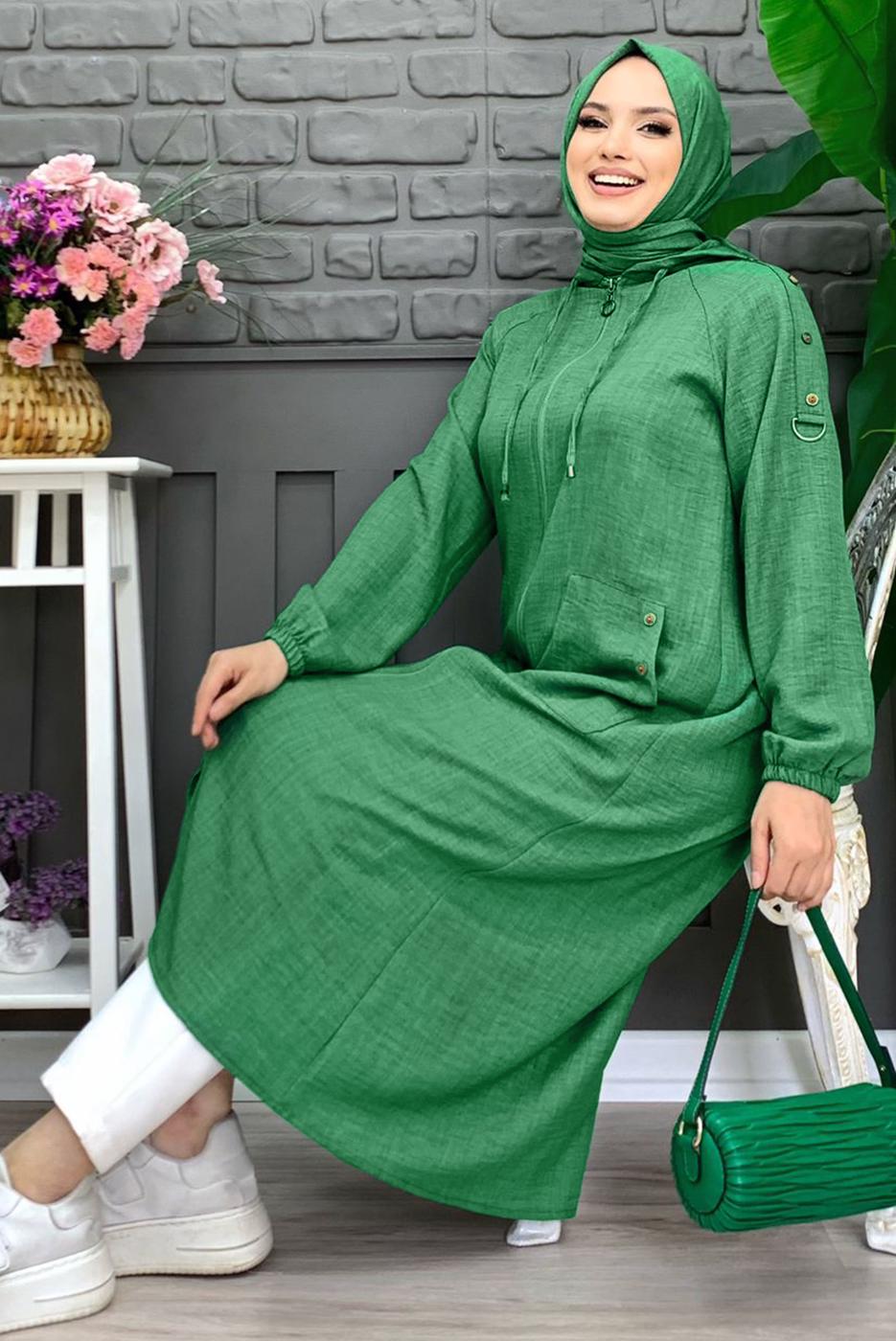 Tesettür giyim YEŞİL OMUZLARI DÜĞME DETAYLI CEPLİ KAP T 4087