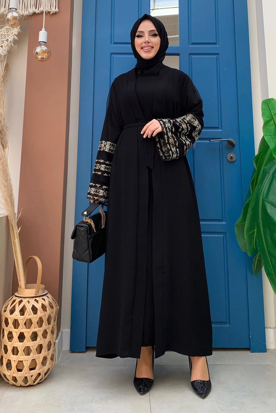 Vêtements hijab NOIR MANCHES BRODÉES CEINTURE PARDESSUS T 4187