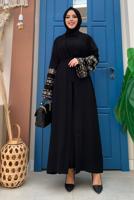 Vêtements hijab NOIR MANCHES BRODÉES CEINTURE PARDESSUS T 4187