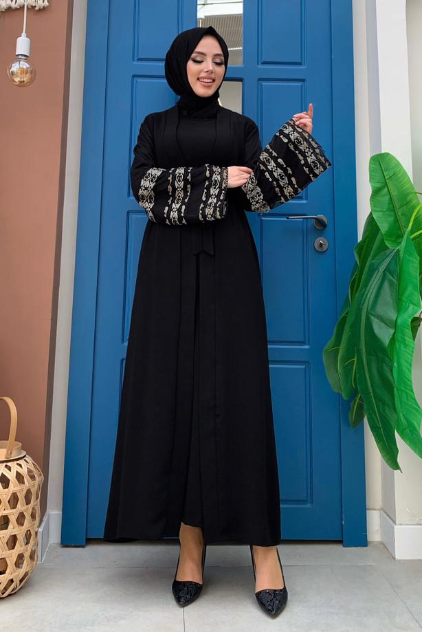 Tesettür giyim SİYAH KOLLARI İŞLEME DETAYLI KUŞAKLI FERACE T 4187 - TRENDTESETTÜR