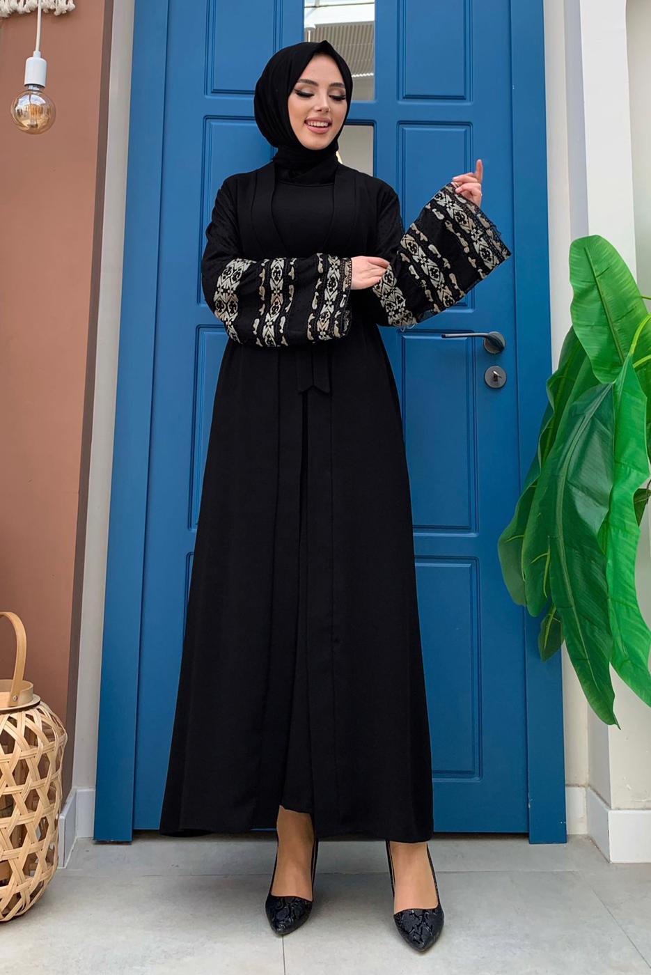 Vêtements hijab NOIR MANCHES BRODÉES CEINTURE PARDESSUS T 4187