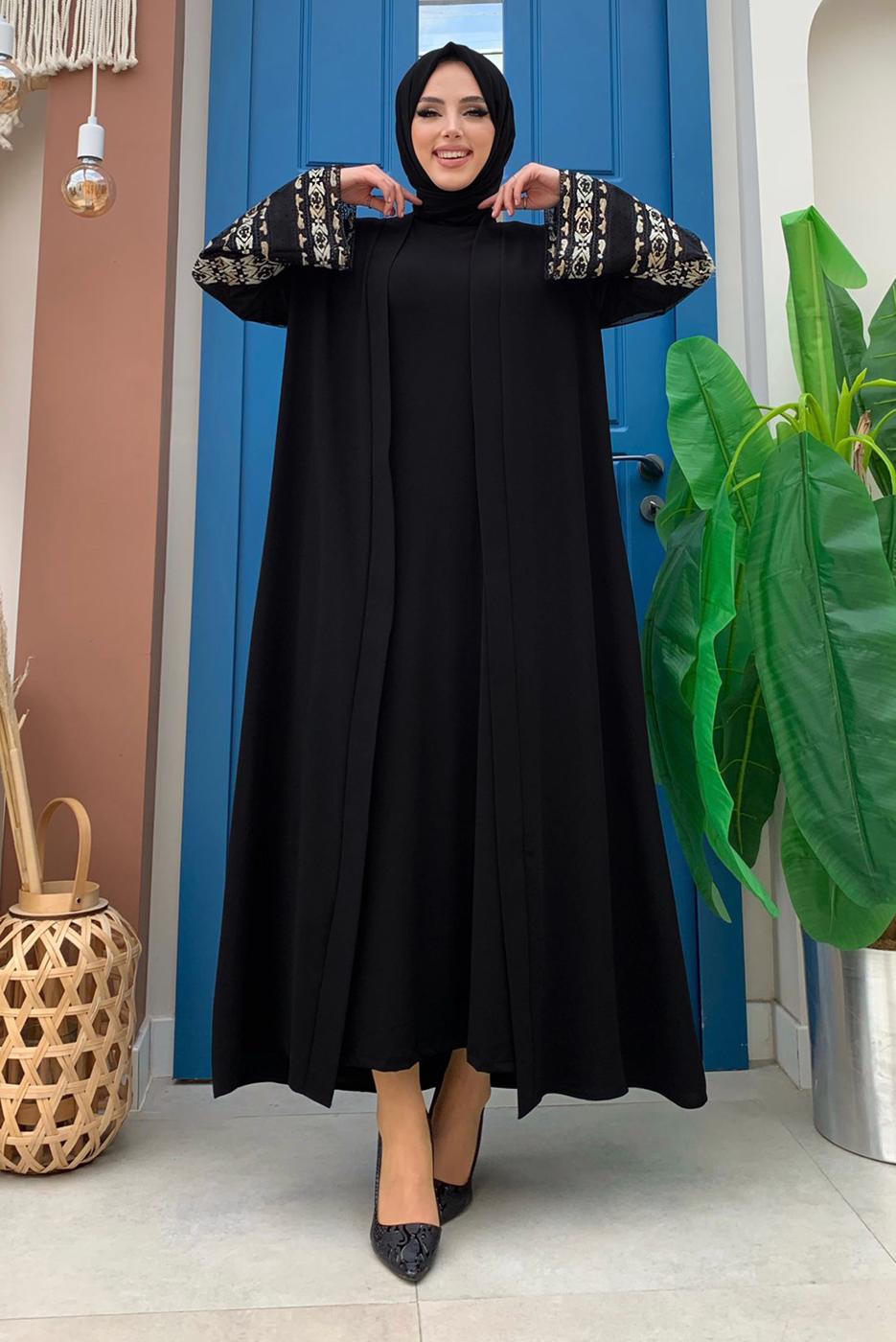 Vêtements hijab NOIR MANCHES BRODÉES CEINTURE PARDESSUS T 4187