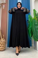 Vêtements hijab NOIR MANCHES BRODÉES CEINTURE PARDESSUS T 4187