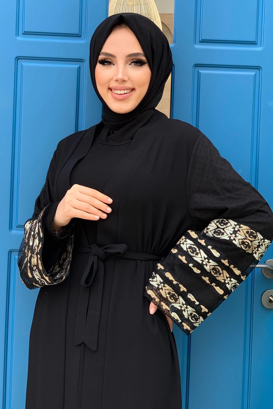 Vêtements hijab NOIR MANCHES BRODÉES CEINTURE PARDESSUS T 4187