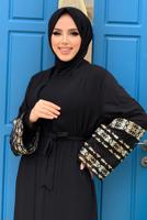 Vêtements hijab NOIR MANCHES BRODÉES CEINTURE PARDESSUS T 4187