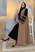 Tesettür giyim VİZON KOLLARI İŞLEME DETAYLI KUŞAKLI FERACE T 4187