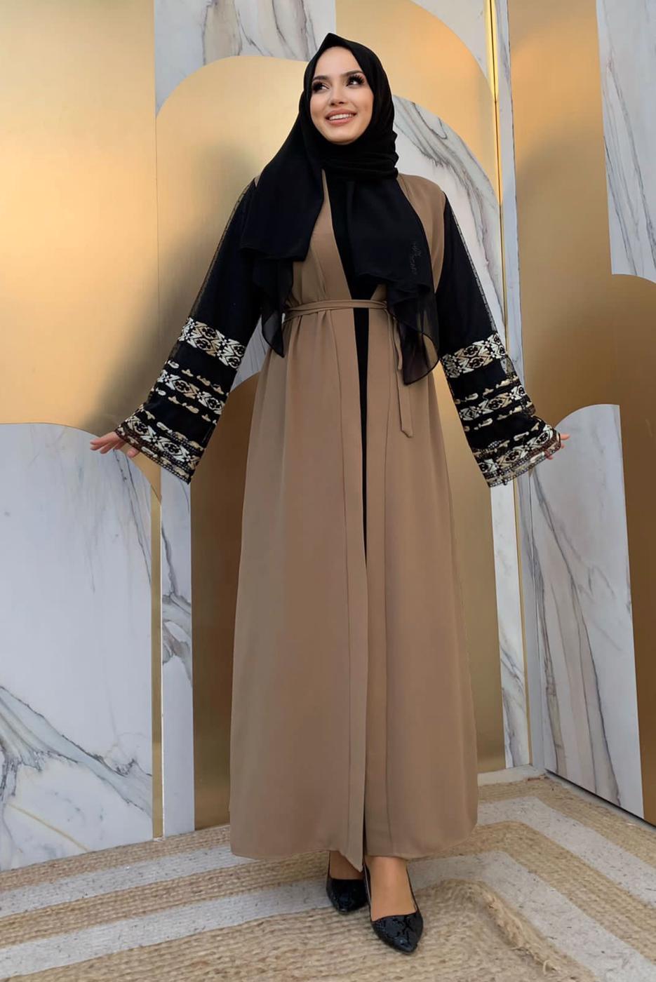 Tesettür giyim VİZON KOLLARI İŞLEME DETAYLI KUŞAKLI FERACE T 4187