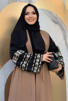 Tesettür giyim VİZON KOLLARI İŞLEME DETAYLI KUŞAKLI FERACE T 4187