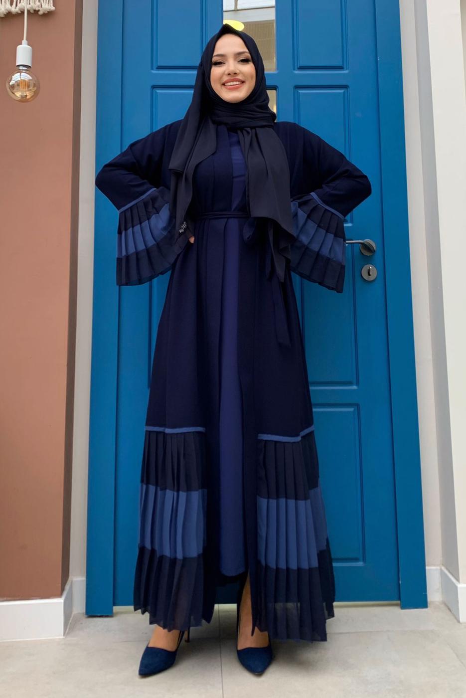 Tesettür giyim LACİVERT PİLİSE DETAYLI VOLANLI ABAYA T 4547