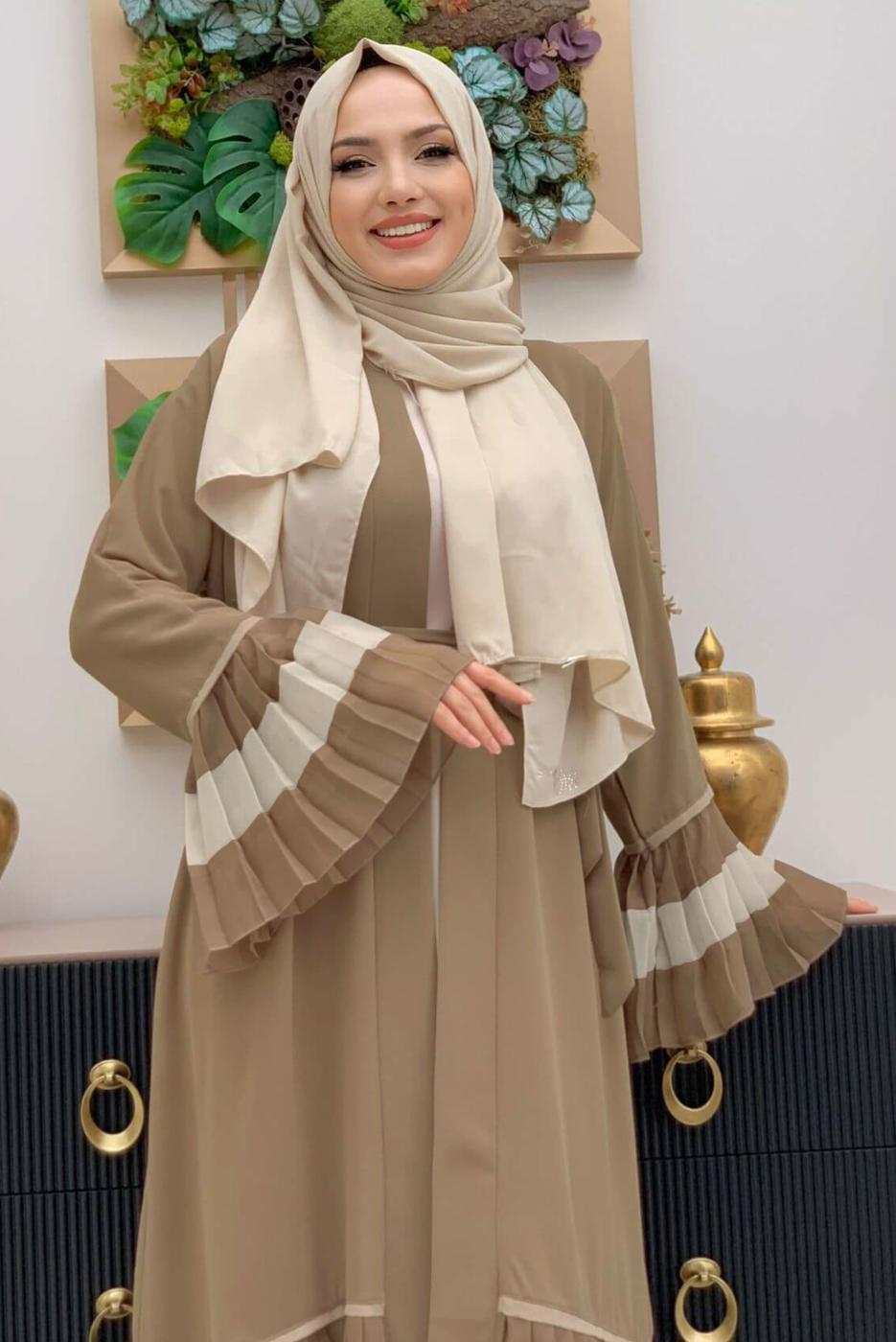 Tesettür giyim VİZON PİLİSE DETAYLI VOLANLI ABAYA T 4547