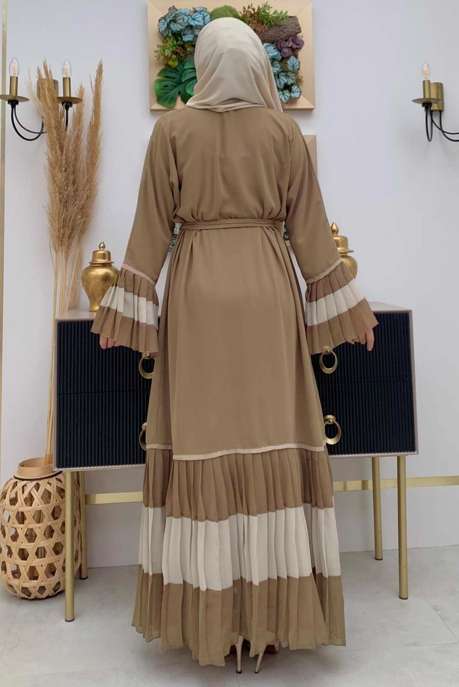 Tesettür giyim VİZON PİLİSE DETAYLI VOLANLI ABAYA T 4547
