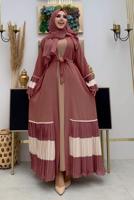 Tesettür giyim PEMBE PİLİSE DETAYLI VOLANLI ABAYA T 4547