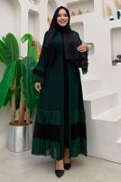 Tesettür giyim YEŞİL PİLİSE DETAYLI VOLANLI ABAYA T 4547