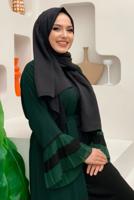 Tesettür giyim YEŞİL PİLİSE DETAYLI VOLANLI ABAYA T 4547
