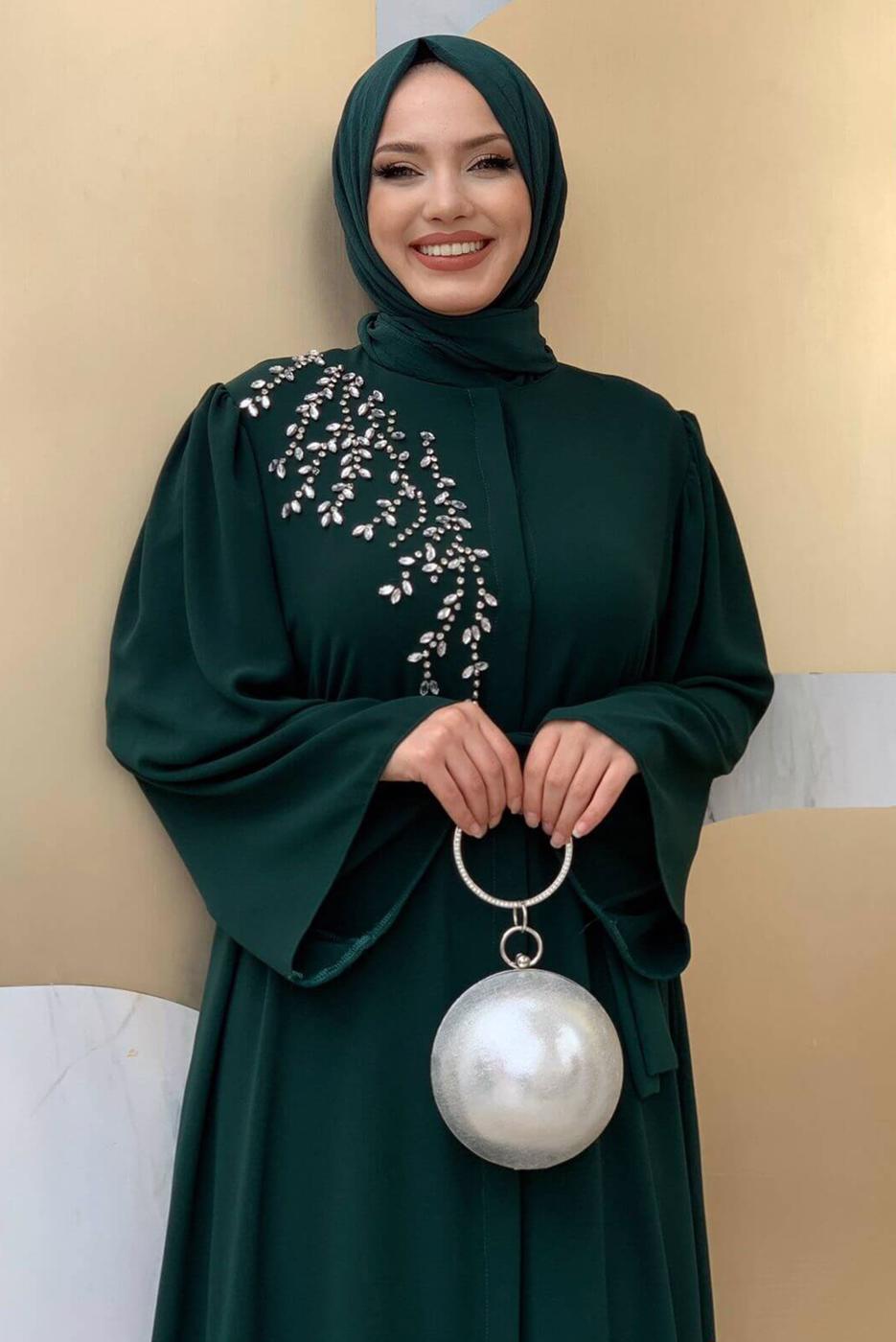 Tesettür giyim YEŞİL TAŞ İŞLEMELİ FERACE T 5087