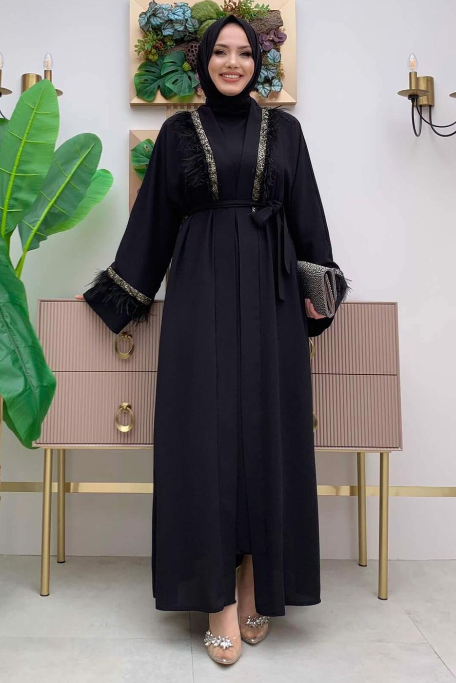 Tesettür giyim SİYAH İŞLEMELİ TÜY DETAYLI KUŞAKLI FERACE T 5187