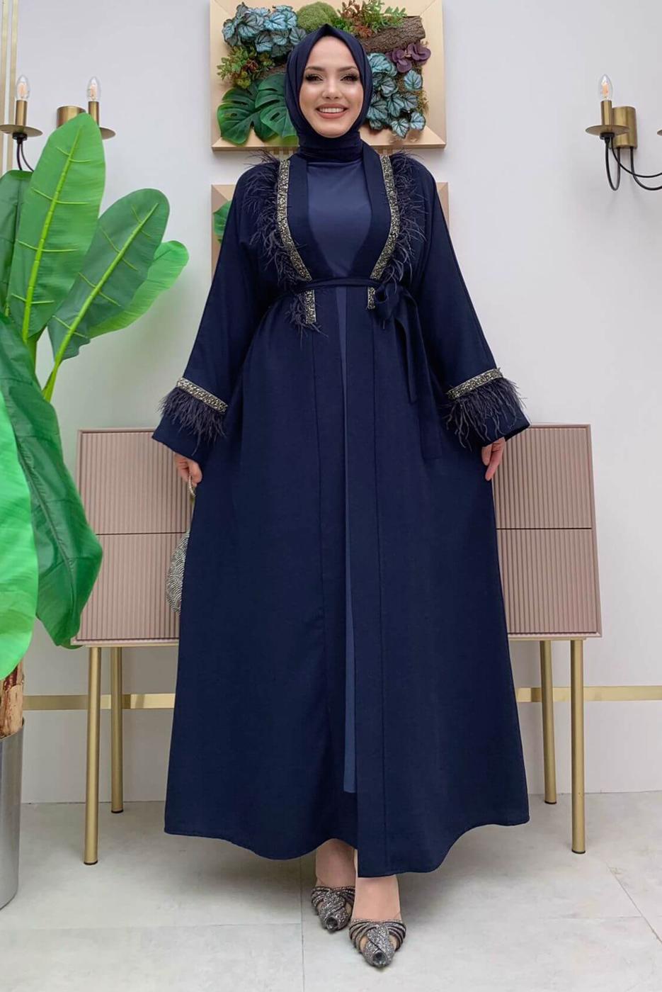 Tesettür giyim LACİVERT İŞLEMELİ TÜY DETAYLI KUŞAKLI FERACE T 5187