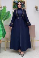 Tesettür giyim LACİVERT İŞLEMELİ TÜY DETAYLI KUŞAKLI FERACE T 5187