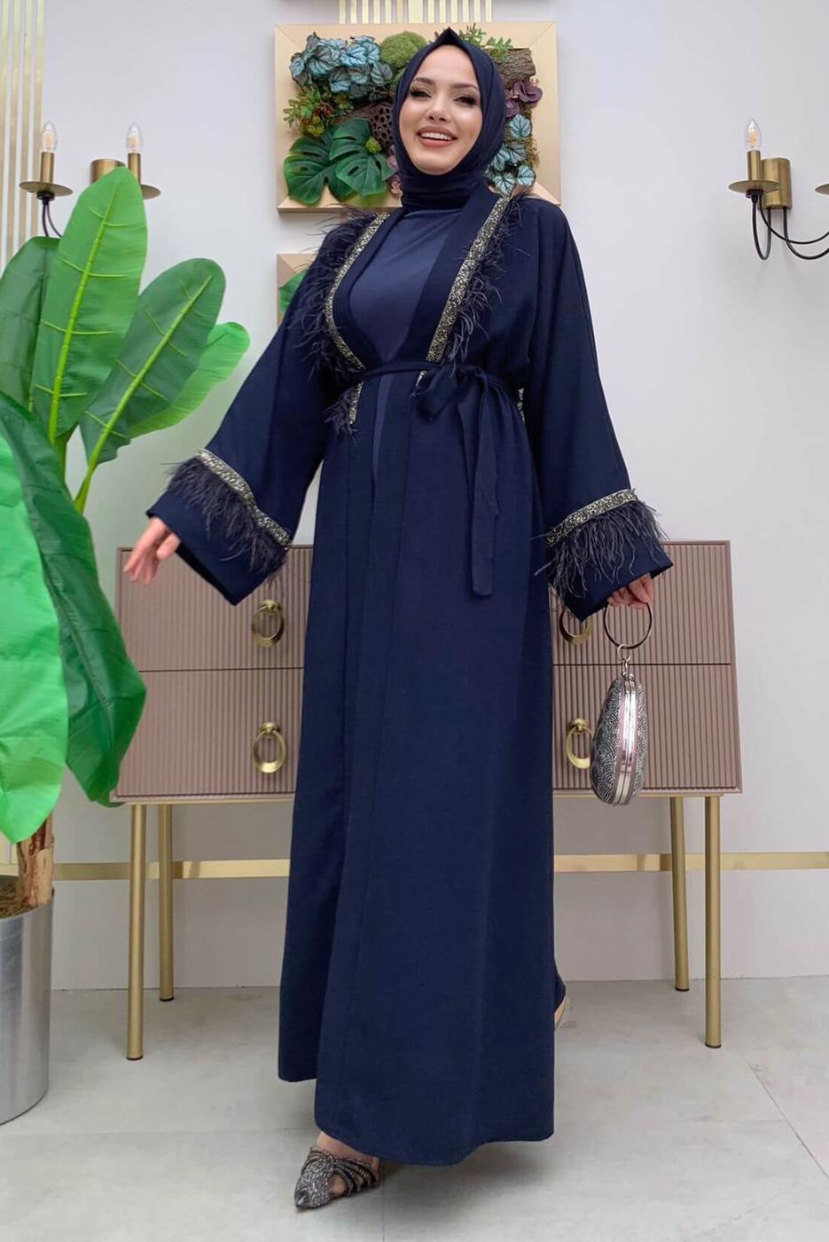 Tesettür giyim LACİVERT İŞLEMELİ TÜY DETAYLI KUŞAKLI FERACE T 5187