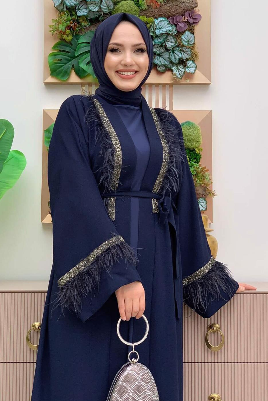 Tesettür giyim LACİVERT İŞLEMELİ TÜY DETAYLI KUŞAKLI FERACE T 5187
