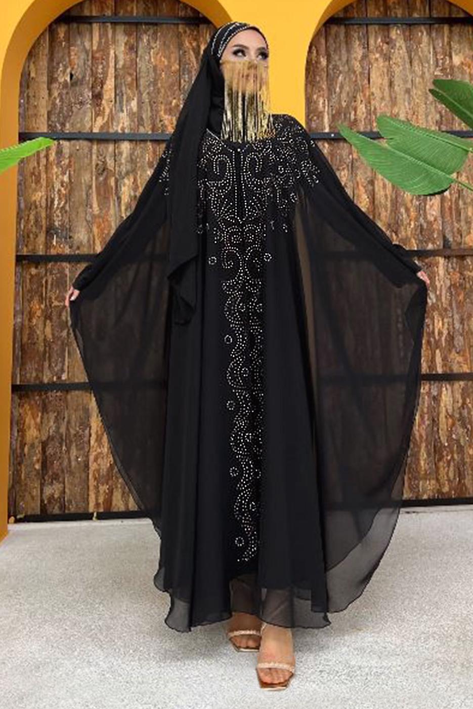 Tesettür giyim SİYAH İŞLEMELİ TÜLLÜ İKİLİ FERACE TAKIM T 6773 