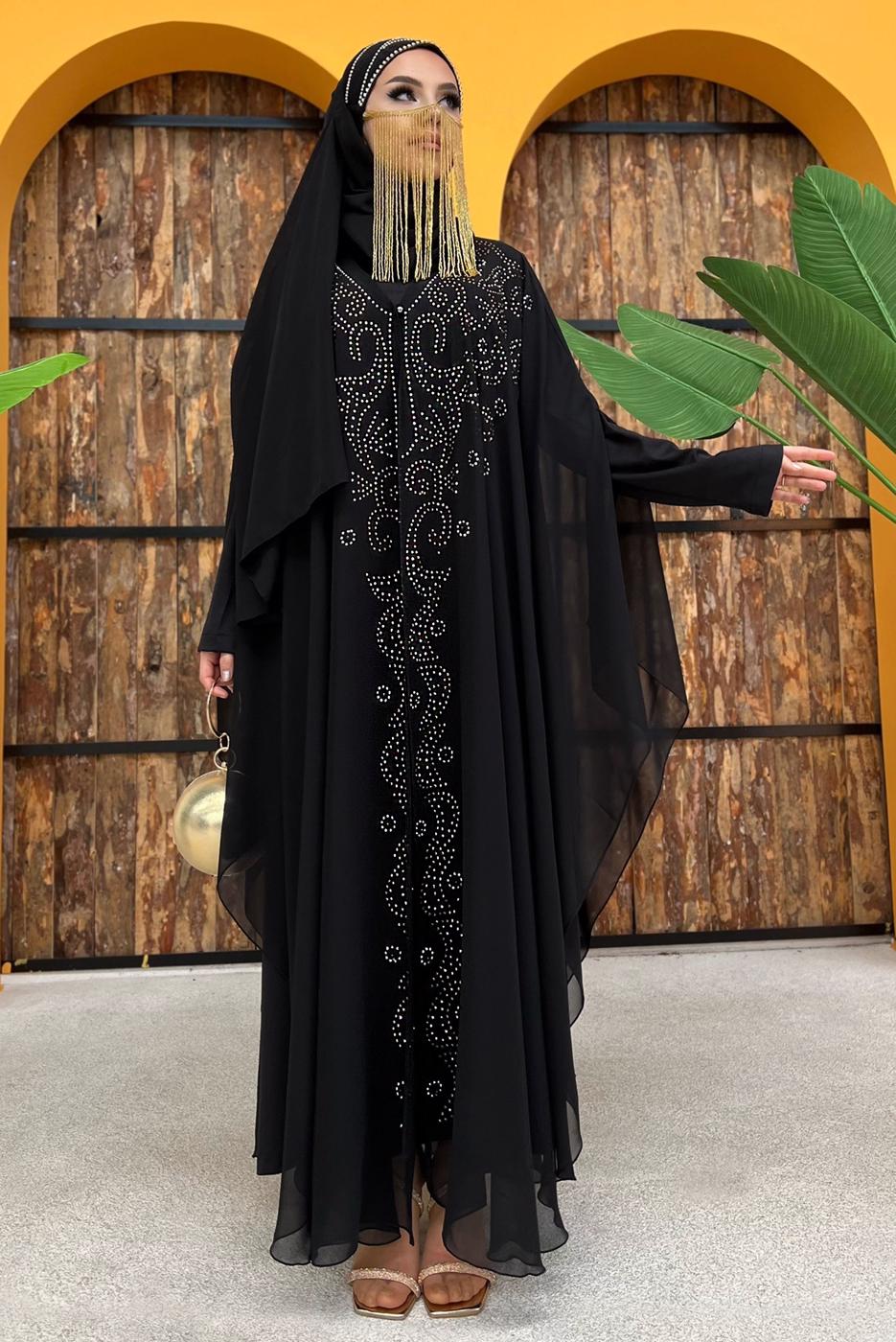 Tesettür giyim SİYAH İŞLEMELİ TÜLLÜ İKİLİ FERACE TAKIM T 6773 