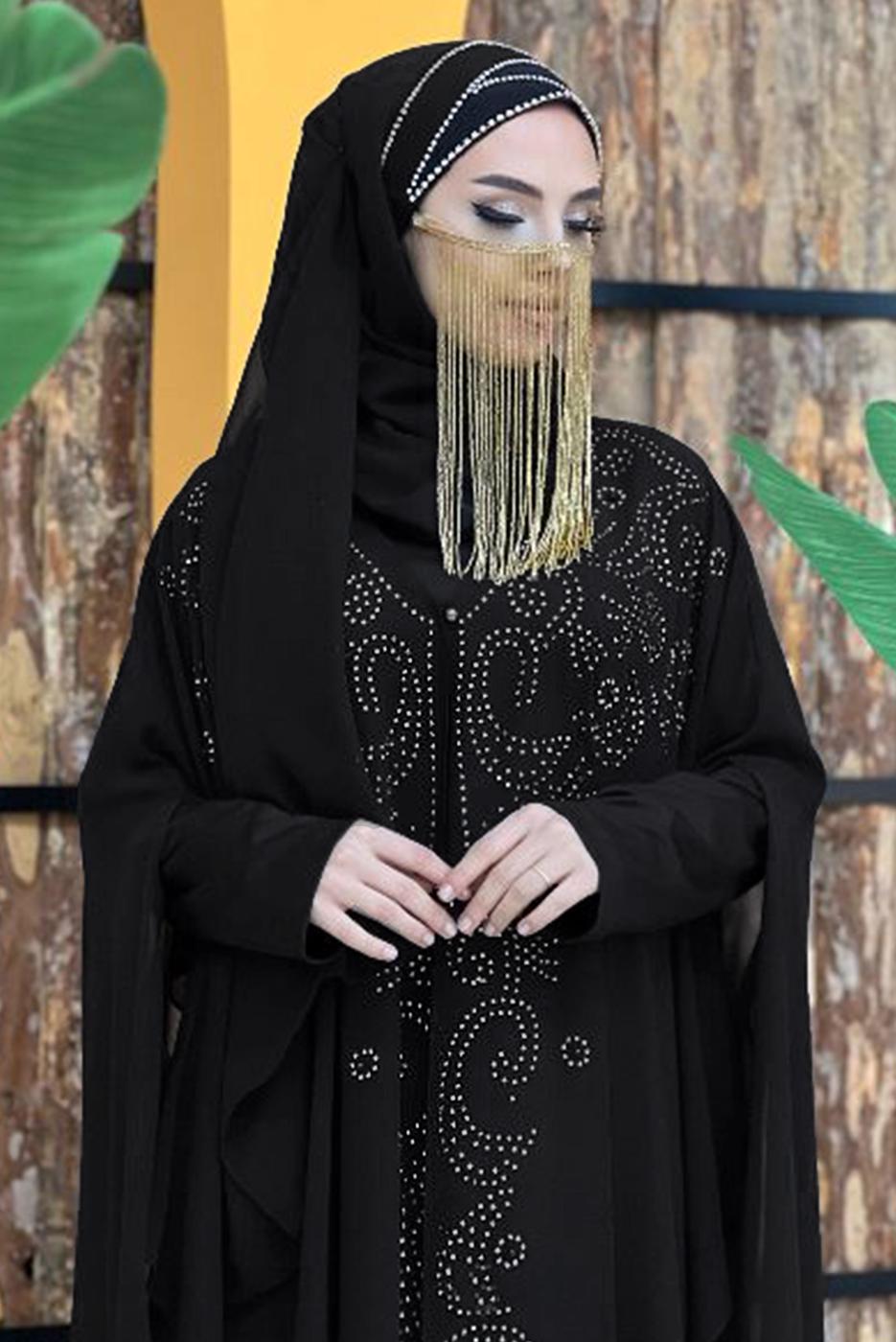 Tesettür giyim SİYAH İŞLEMELİ TÜLLÜ İKİLİ FERACE TAKIM T 6773 